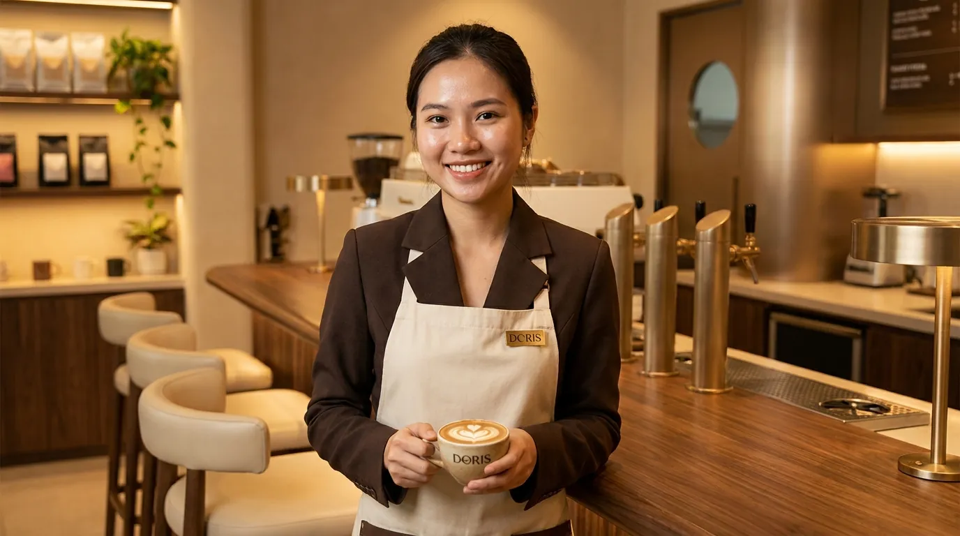 Barista Doris cầm ly latte