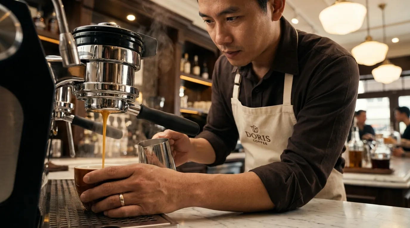 Barista Doris đang pha espresso
