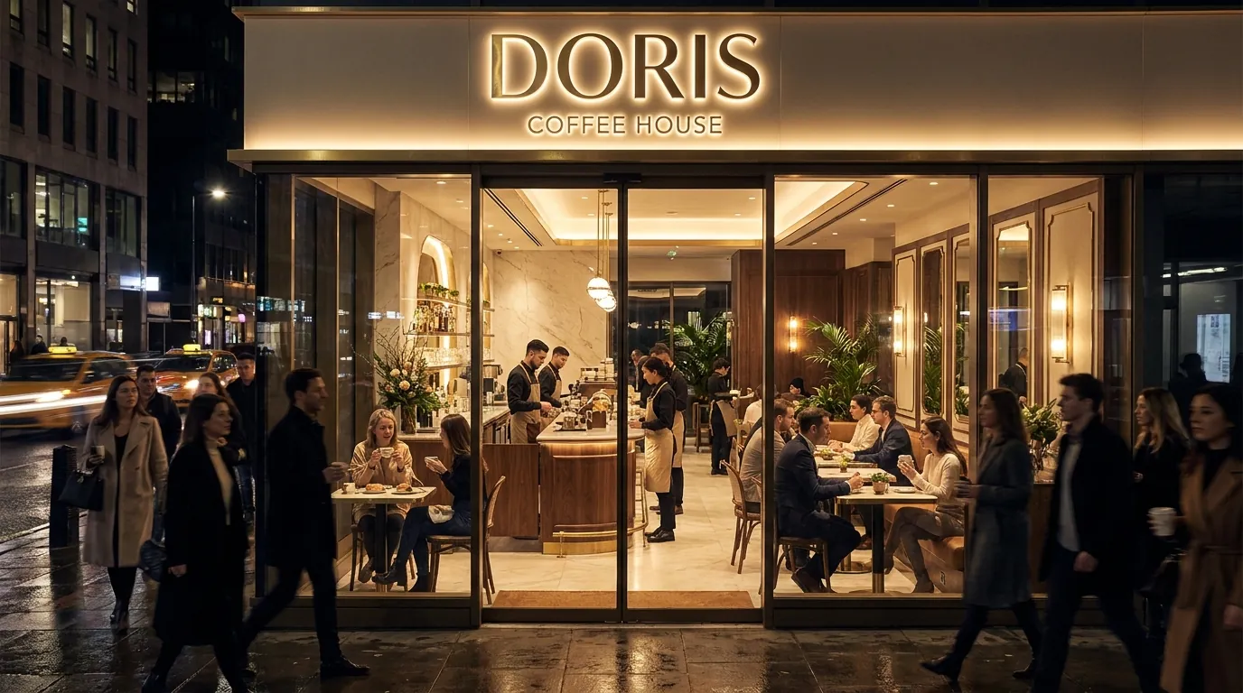 Mặt tiền Doris Coffee House về đêm